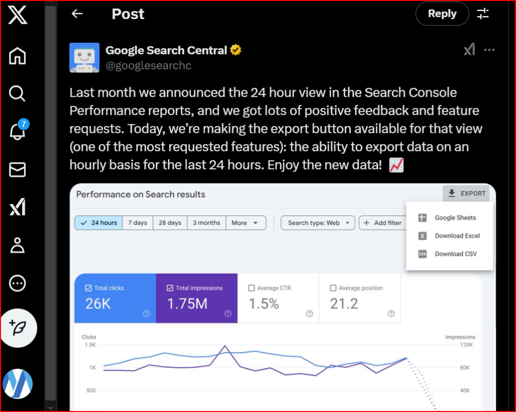 Nouveauté Search Console de Google : export données 24H